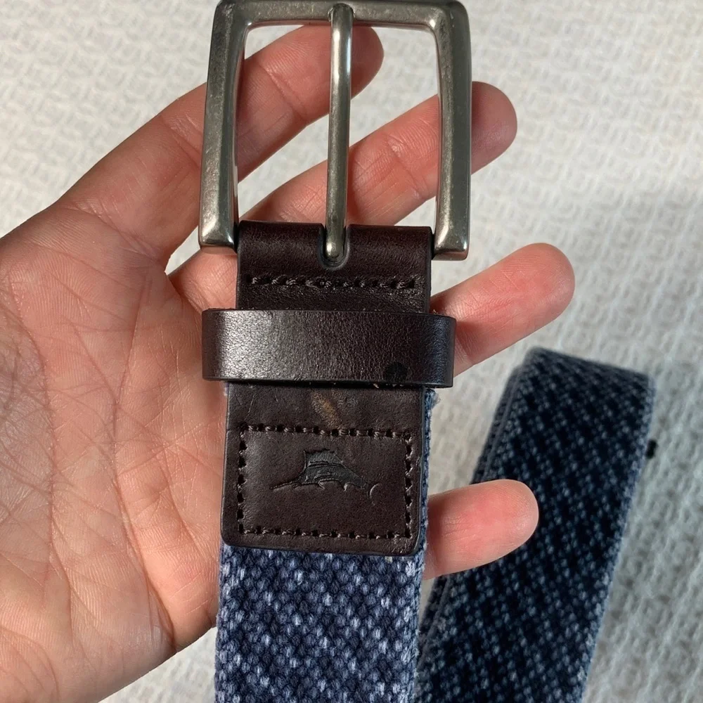 Tommy Bahama woven blue belt with brown leather trim size 44